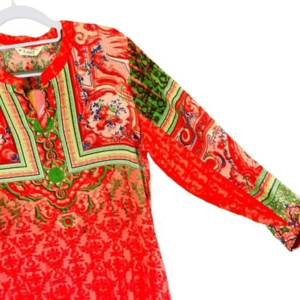 NWT Indian Kurta Kurti Lagi Red Floral Relaxed Long-Line Tunic Blouse Top — SZ M